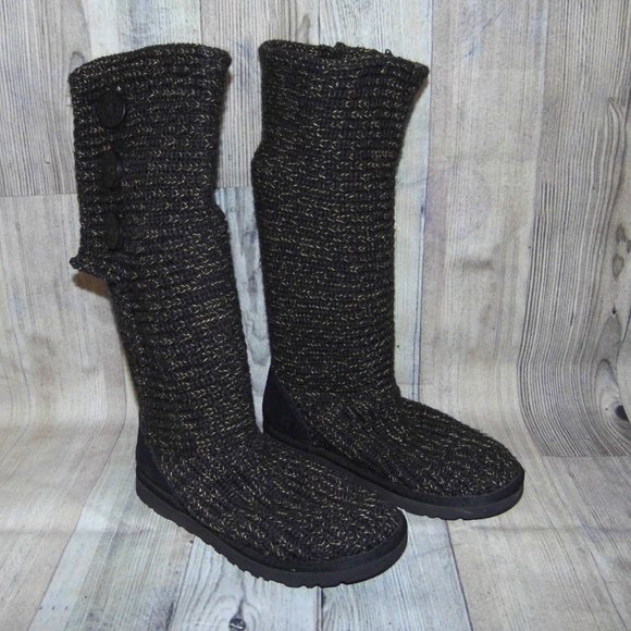 UGG Classic Cardy Black/Gold Knit/Sheepskin(Footbeds) Boots Womens Size 7 - Picture 1 of 9